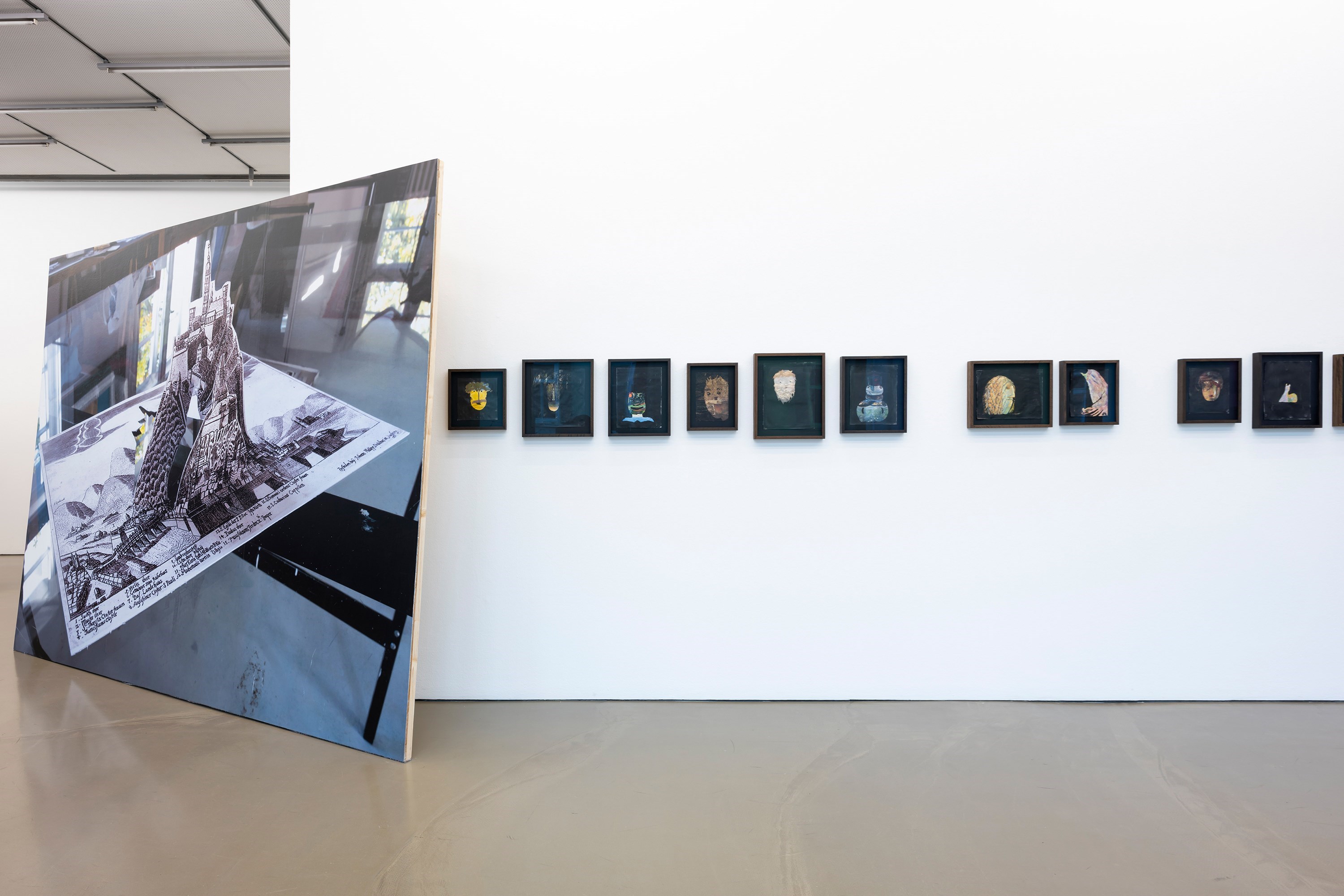 Faces, various dimensions, photographic emulsion on offset prints, 2019-ongoing<br />Installation view Prospect, Camera Austria, 2024<br />Photography: Markus Krottendorfer